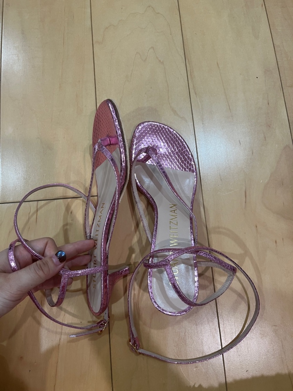 Stuart Weitzman Metallic Pink Snake-Effect Wrap Sandals